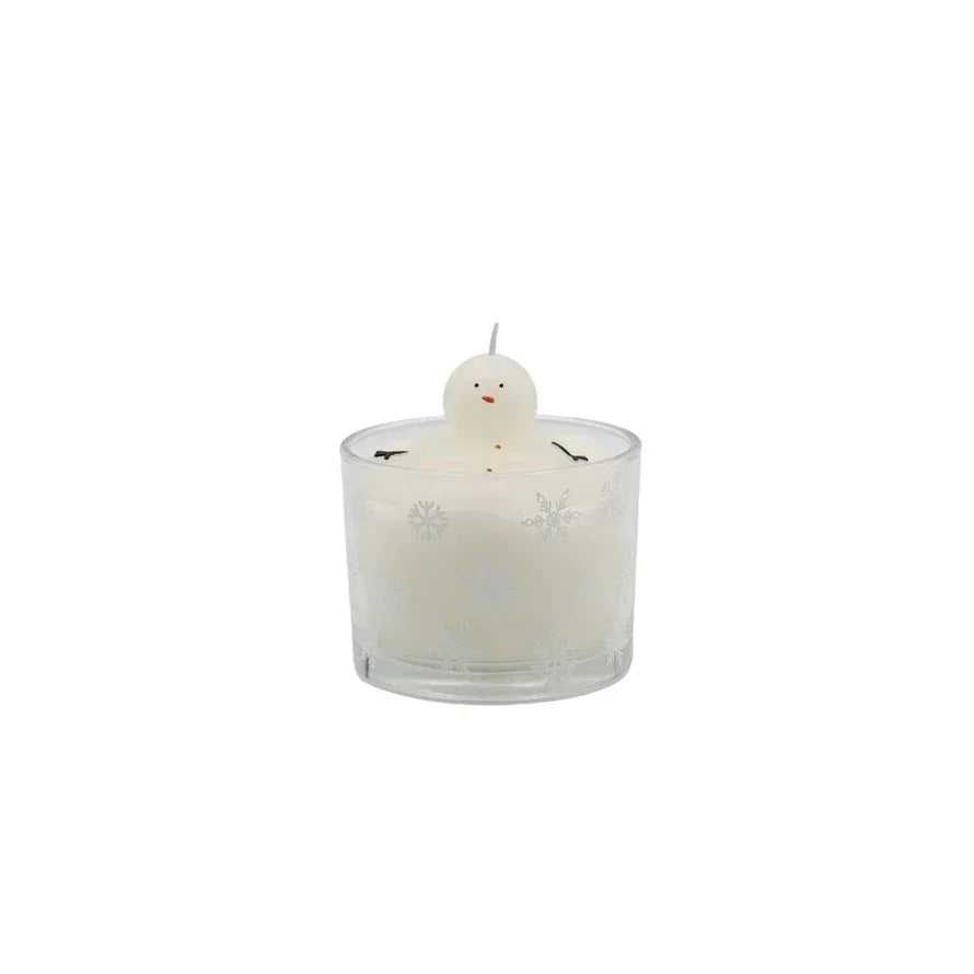 Melting Snowman Candle In Glass Vessel with Snowflakes, White - Marcel’s Culinary Experience