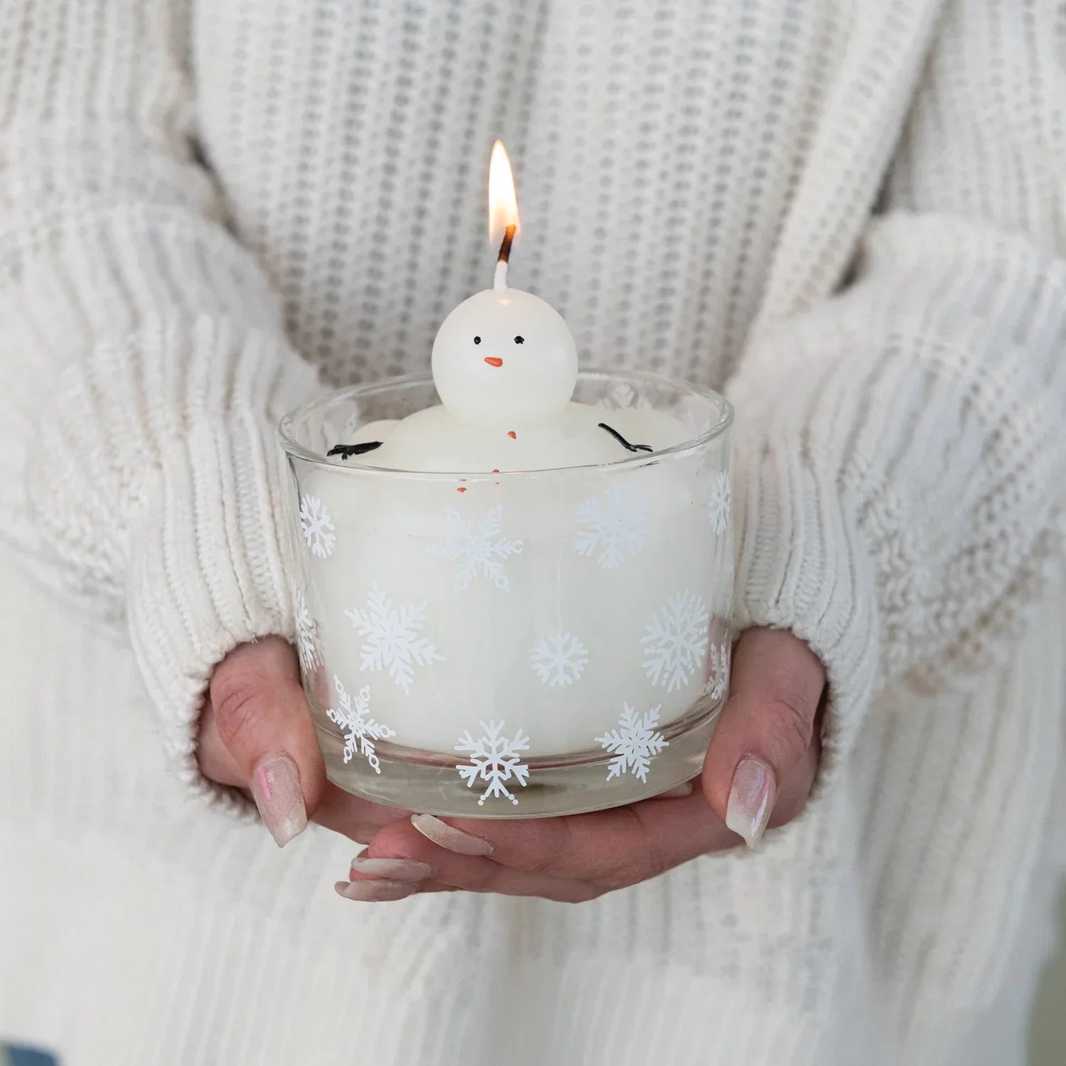 Melting Snowman Candle In Glass Vessel with Snowflakes, White - Marcel’s Culinary Experience