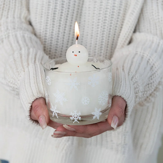 Melting Snowman Candle In Glass Vessel with Snowflakes, White - Marcel’s Culinary Experience