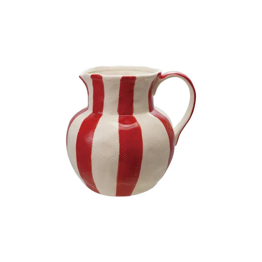 Hand-Painted Stoneware Striped Pitcher with Linen Texture - Marcel’s Culinary Experience