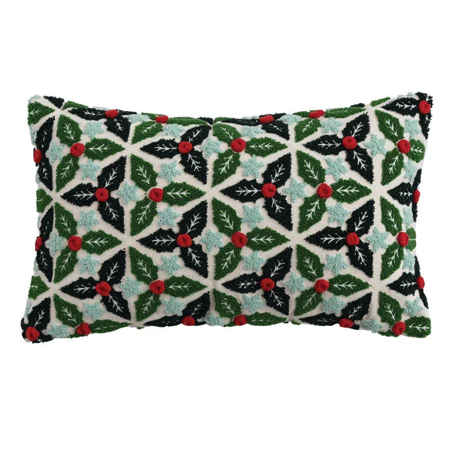 Embroidered Lumbar Pillow with Tufted Holly Leaves, Stars & Pom Poms - Marcel’s Culinary Experience