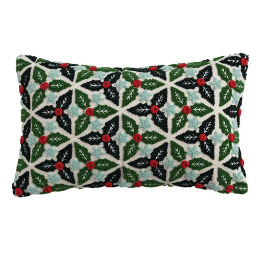 Embroidered Lumbar Pillow with Tufted Holly Leaves, Stars & Pom Poms - Marcel’s Culinary Experience