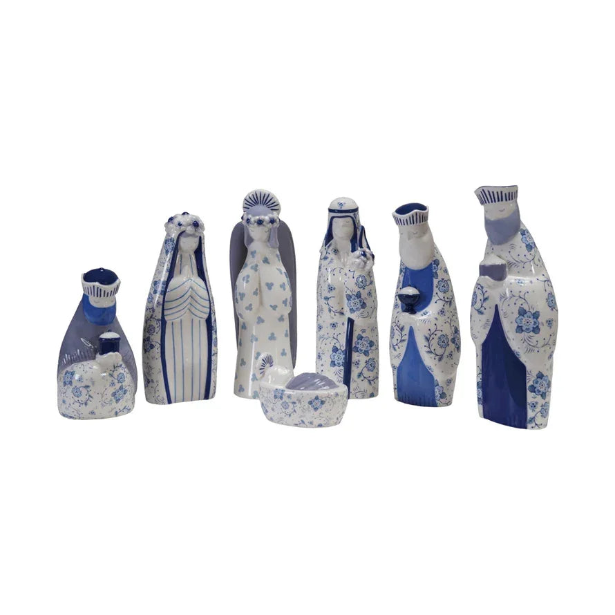 Ceramic Nativity with Floral Pattern, Blue & White, Set of 6 - Marcel’s Culinary Experience