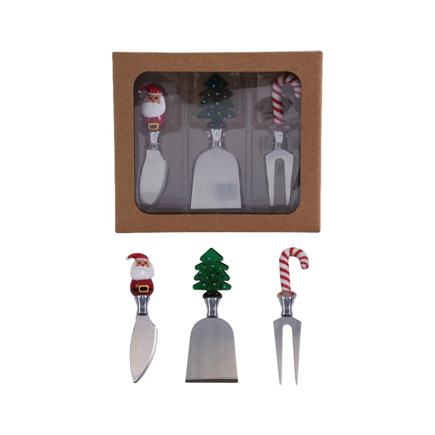Cheese Knives with Hand-Blown Glass Holiday Icon Handle, Boxed Set of 3 - Marcel’s Culinary Experience