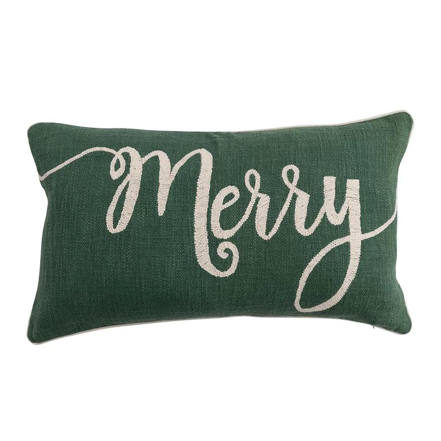 Cotton Slub Lumbar Pillow with Embroidered "Merry", Green & Natural - Marcel’s Culinary Experience