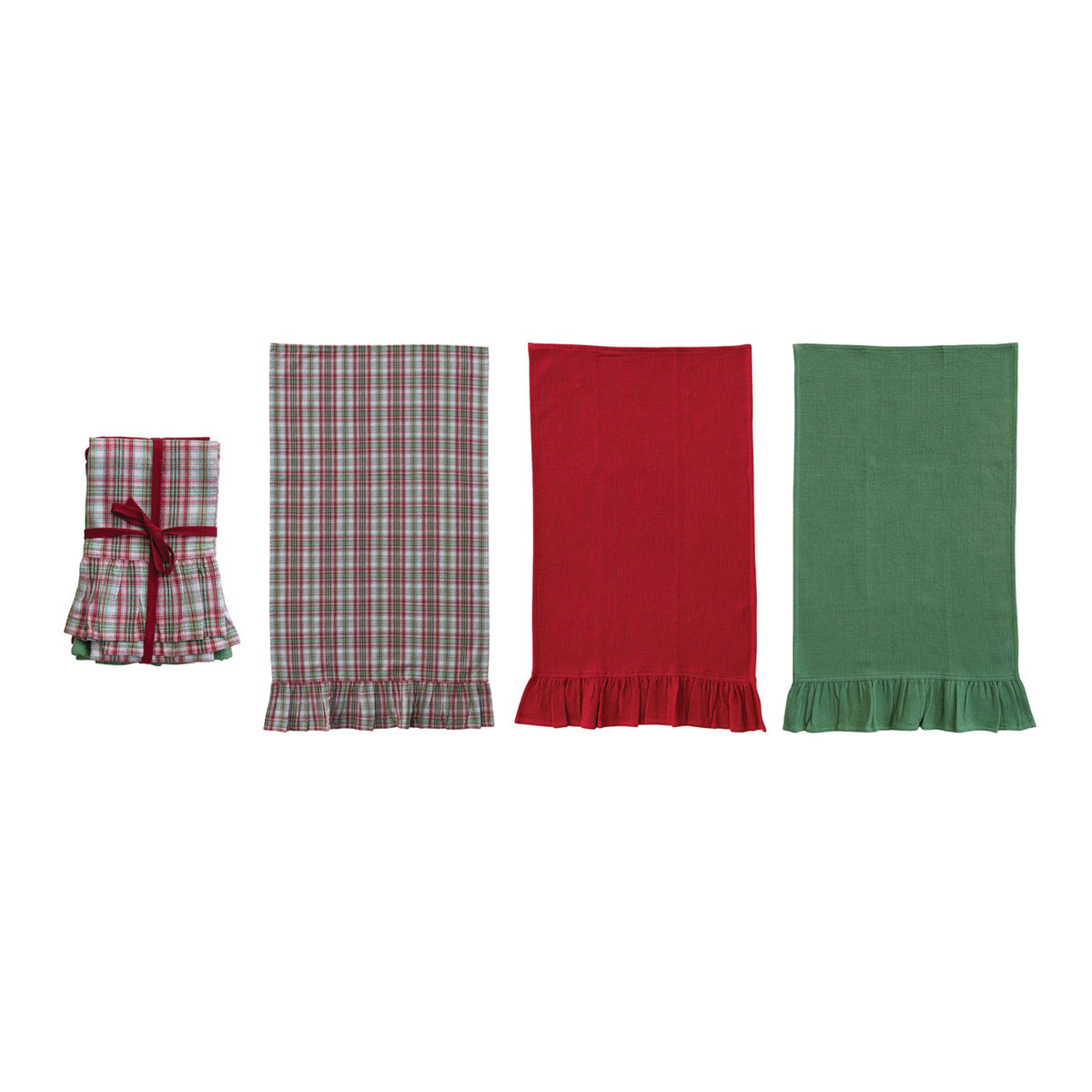 Cotton Waffle Weave Tea Towels with Ruffle, Set of 3