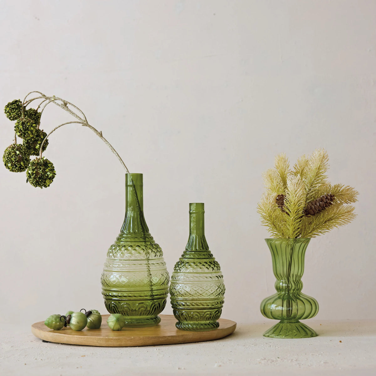 Green Hand-Blown Fluted Glass Vase