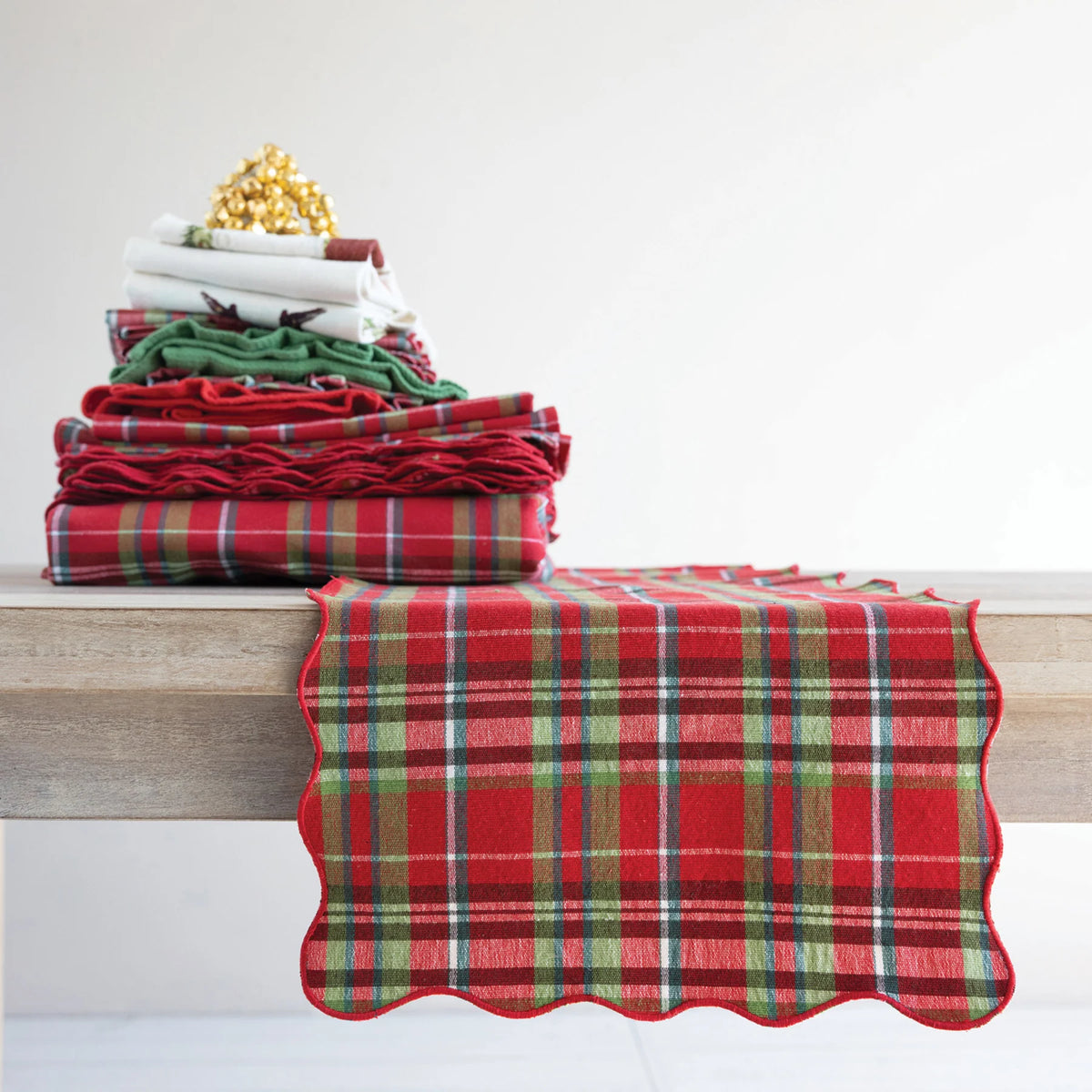 Cotton Tartan Plaid Table Runner with Scalloped Edge, 36 × 14 Inches