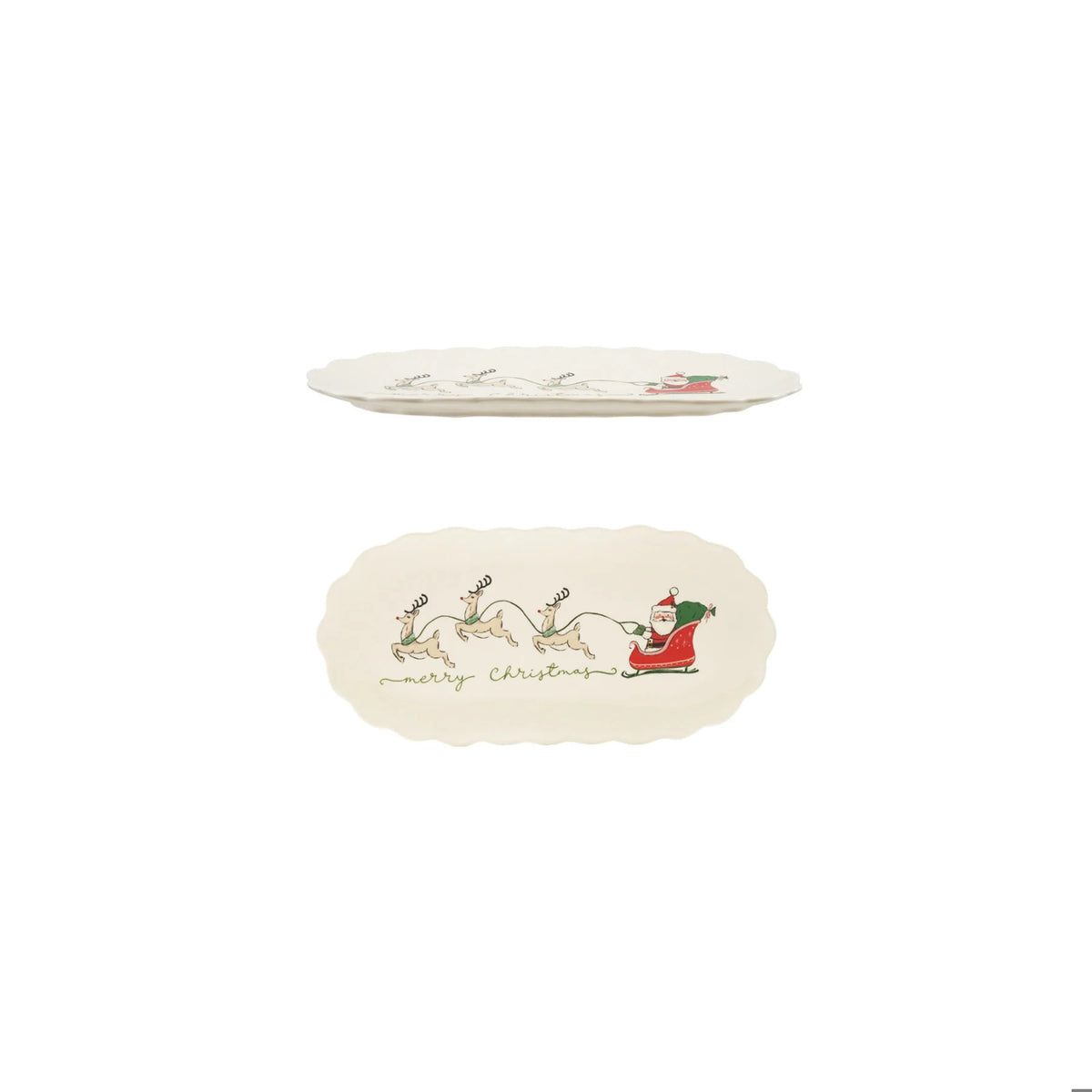 Santa's Sleigh & Reindeer Scalloped Stoneware Christmas Platter