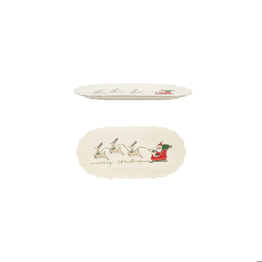 Santa's Sleigh & Reindeer Scalloped Stoneware Christmas Platter