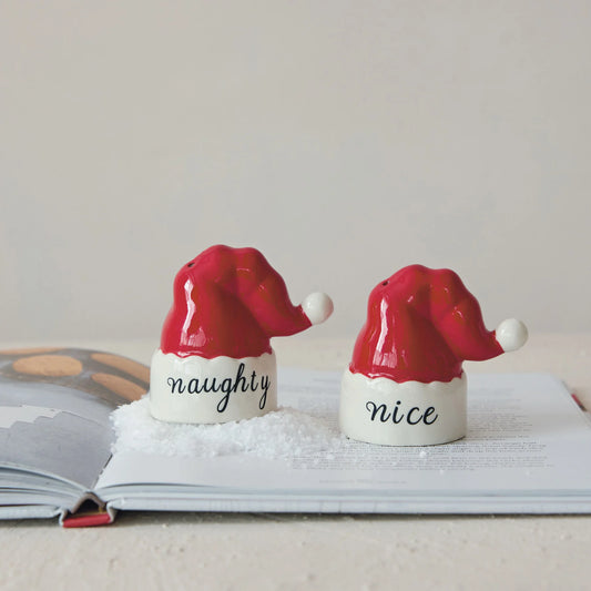 Hand-Painted Santa Hat Salt & Pepper Shakers | Naughty & Nice