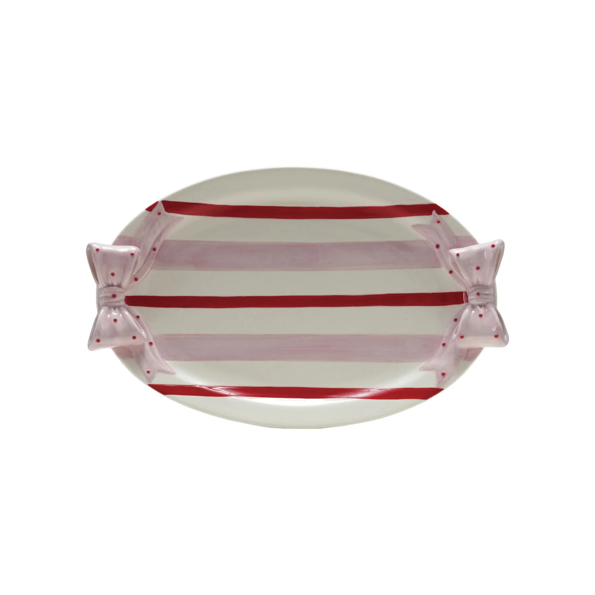 Hand-Painted Striped Stoneware Platter with Polka Dot Bow Handles
