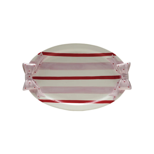 Hand-Painted Striped Stoneware Platter with Polka Dot Bow Handles