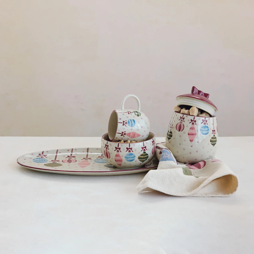 Hand-Painted Ornament Stoneware Canister with Bow Lid