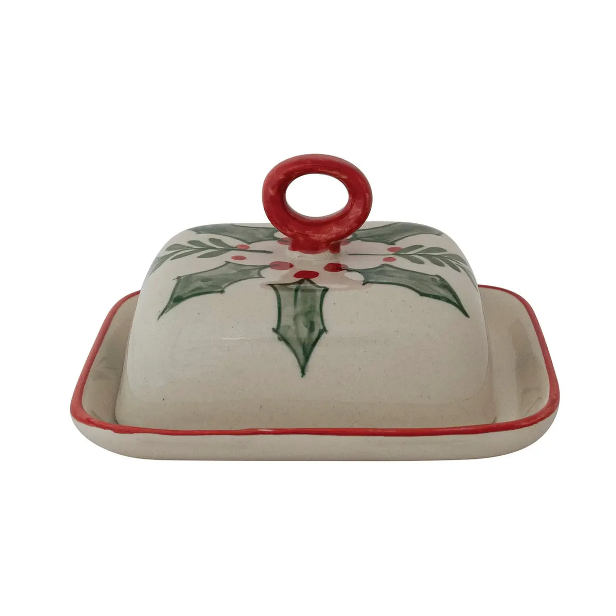 Hand-Painted Holly Stoneware Butter Dish