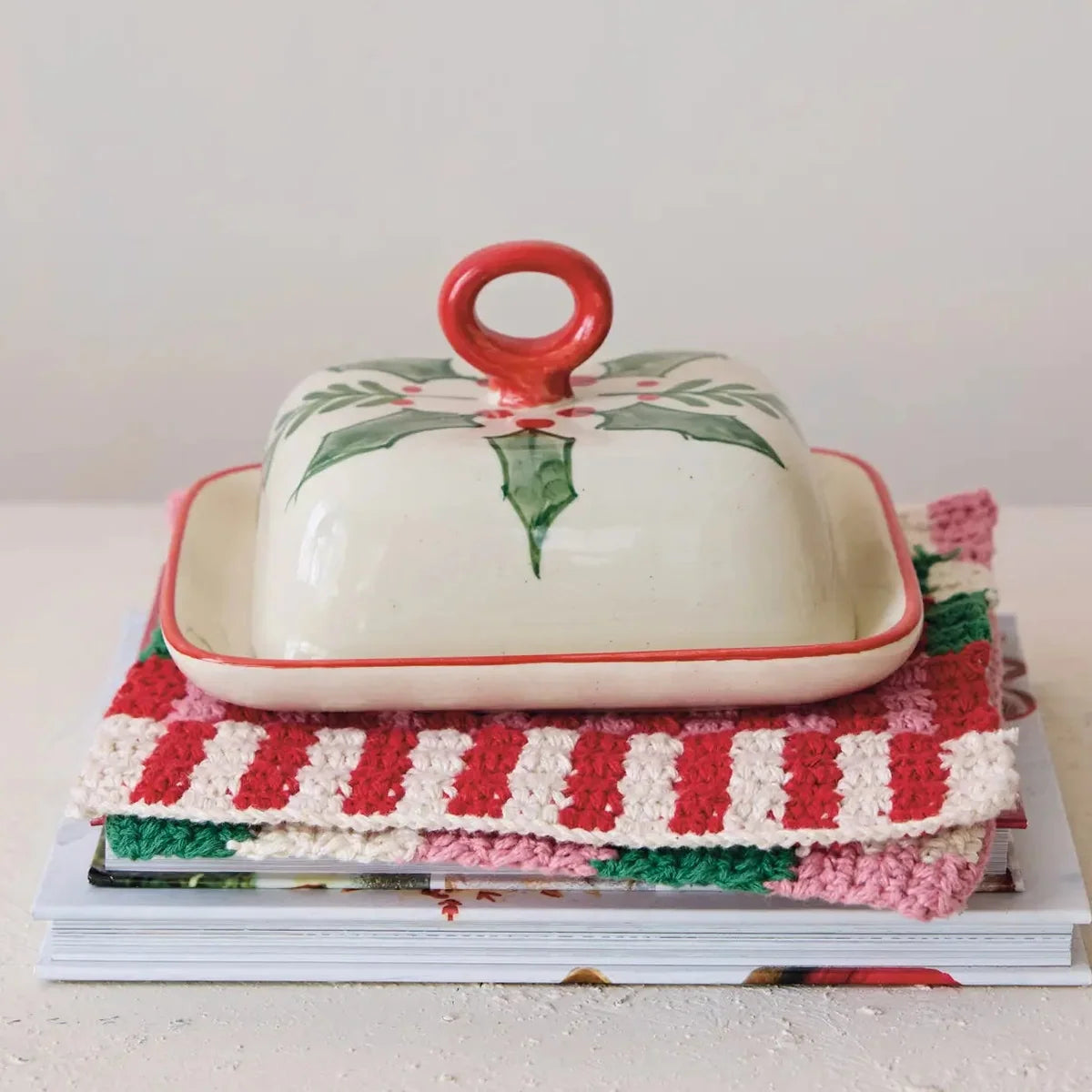 Hand-Painted Holly Stoneware Butter Dish
