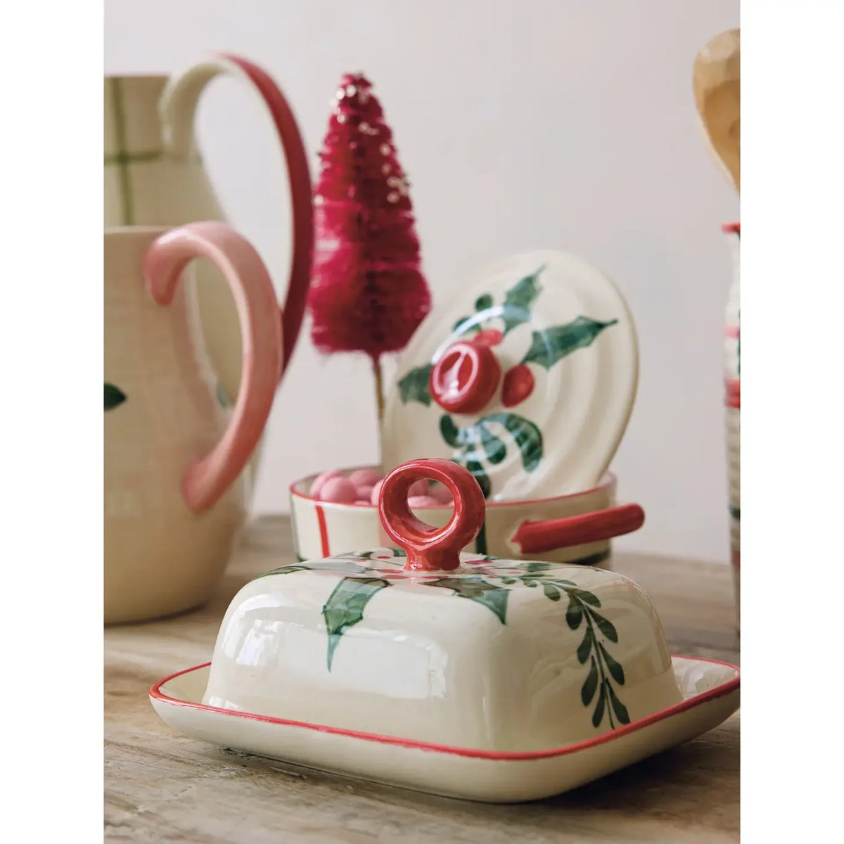 Hand-Painted Holly Stoneware Butter Dish
