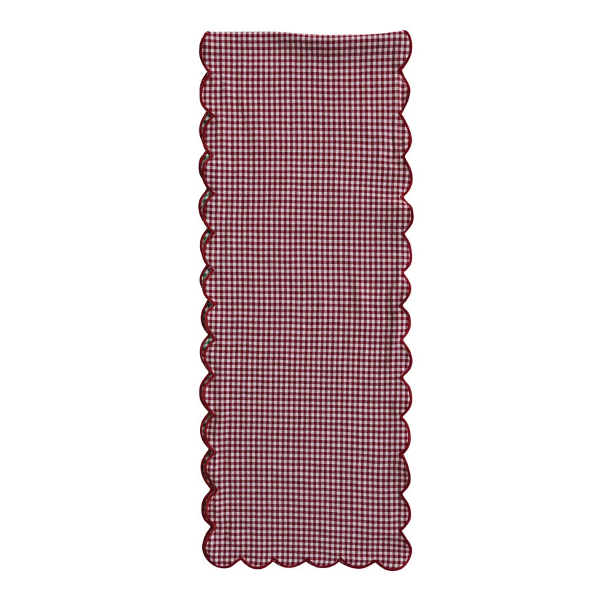 Scalloped Gingham Cotton Table Runner, 72 x 14 Inches