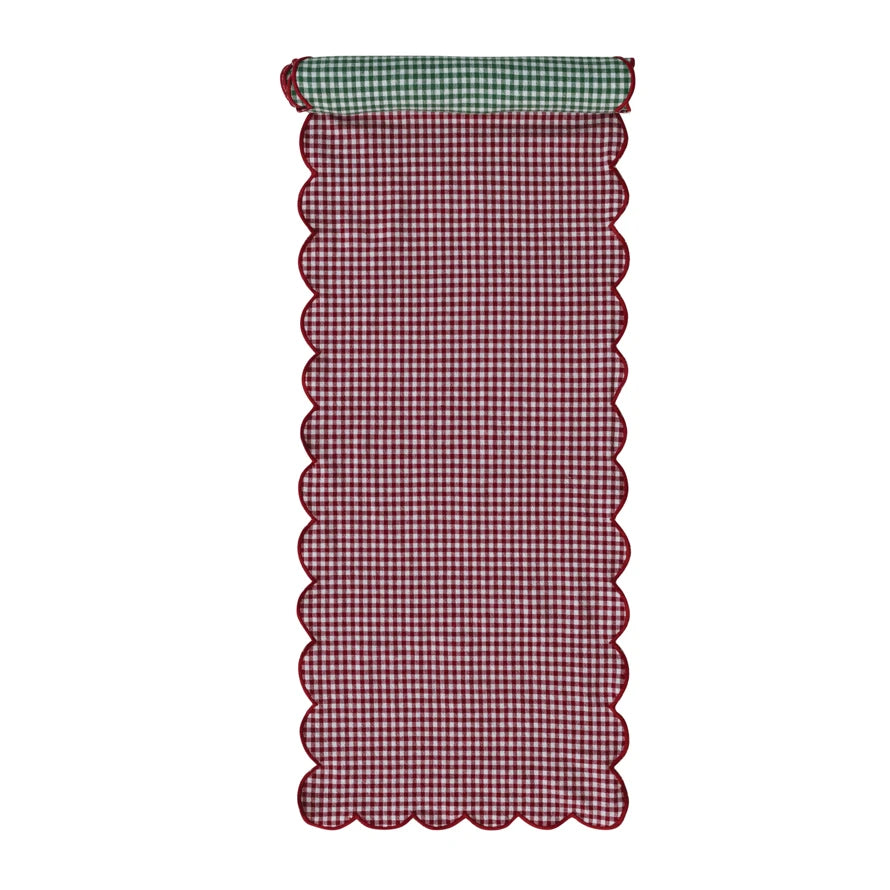 Scalloped Gingham Cotton Table Runner, 72 x 14 Inches