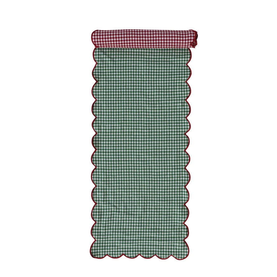 Scalloped Gingham Cotton Table Runner, 72 x 14 Inches