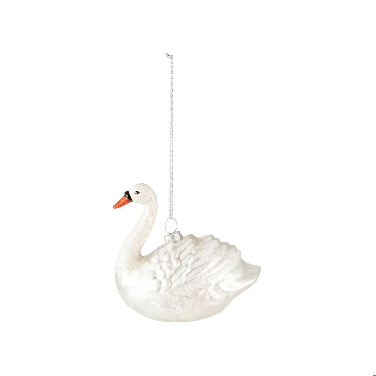 Hand-Painted White Glass Swan Ornament with Glitter