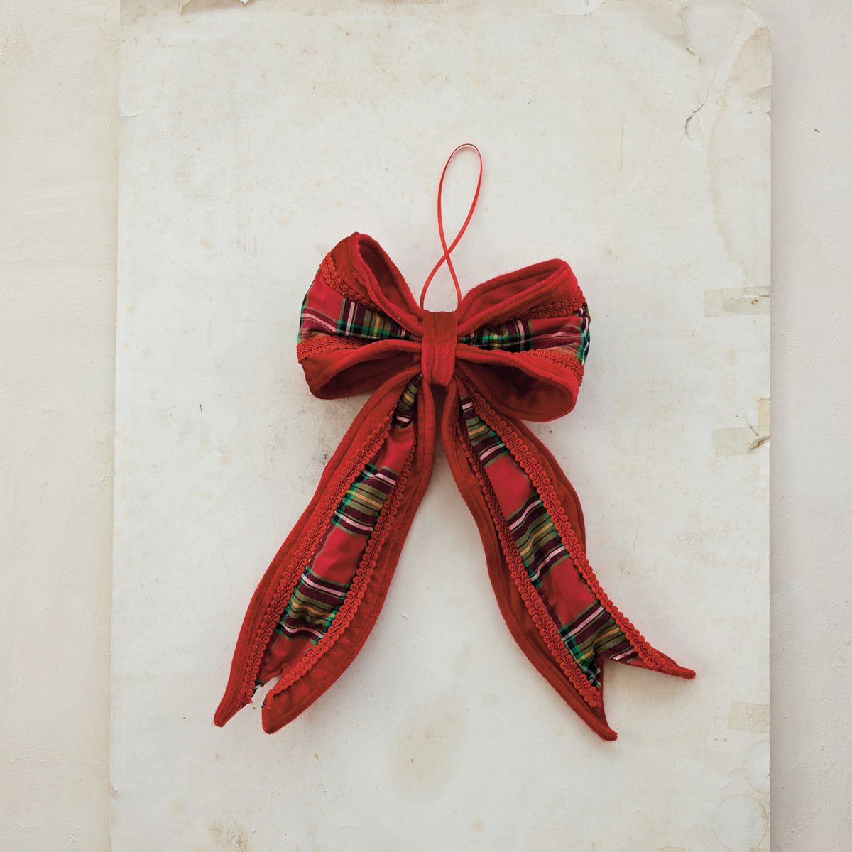 Oversized Red & Green Plaid Fabric & Velvet Bow Ornament