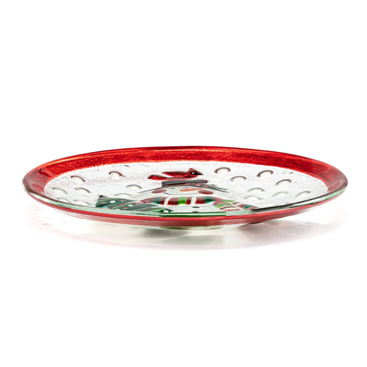 Decorative glass plate with red rim and textured surface featuring a colorful abstract pattern