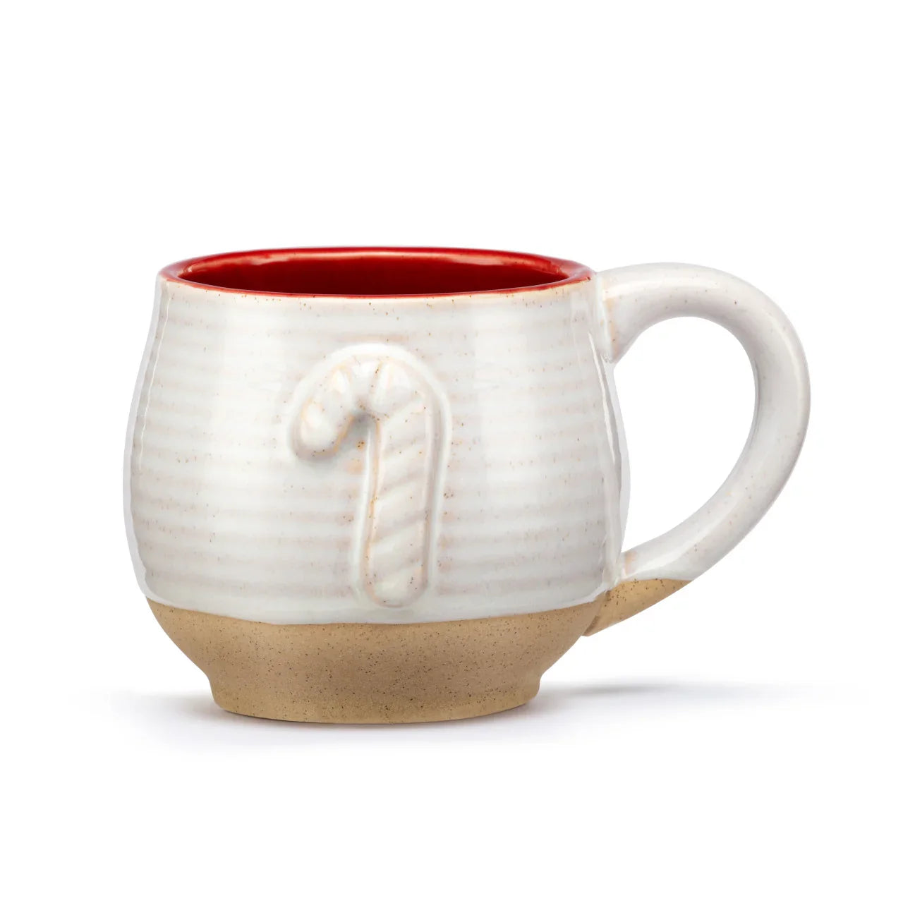White ceramic mug with red interior and candy cane embossed on side, beige base